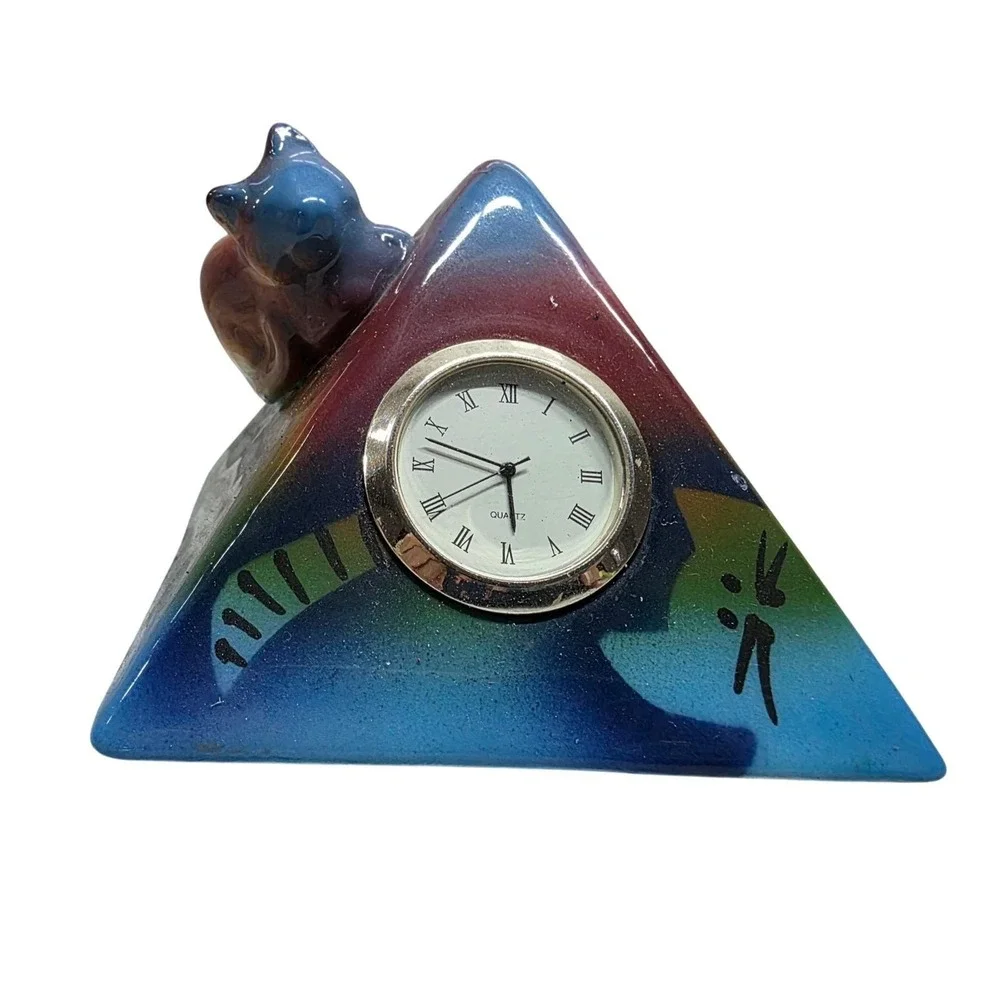 Signed D. Stiles Ceramic Cat Quartz Clock Pyramid Colorful Unique Decor‎
